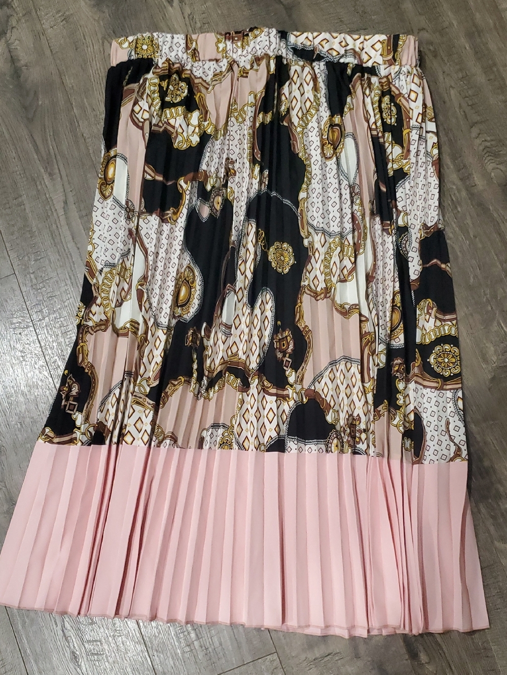 SHEIN Black, Pink & Cream Baroque Pleated Midi Skirt